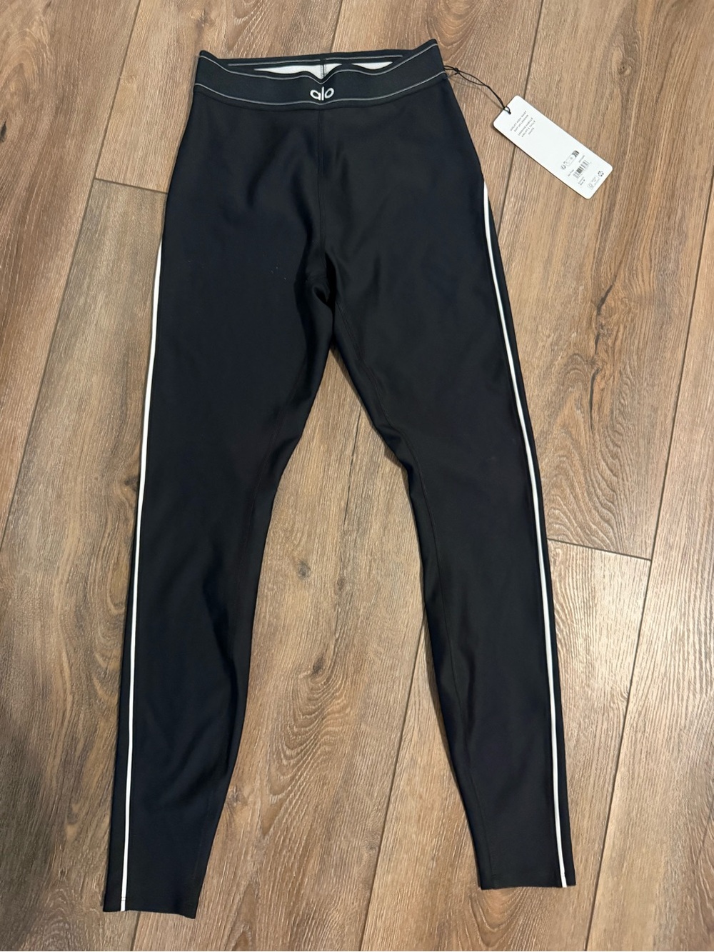 ALO Yoga Black Leggings with White Side Stripes